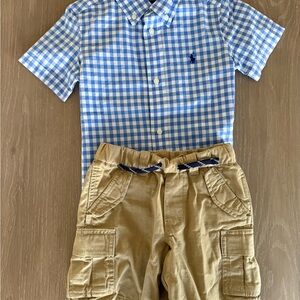 Ralph Lauren Light Blue & White Short-Sleeve Button-Down Shirt & Khaki Shorts 3T